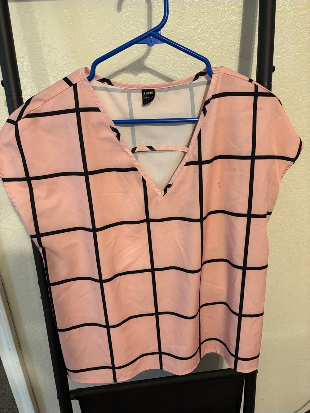 SHEIN Pink V-Neck Grid Print Blouse